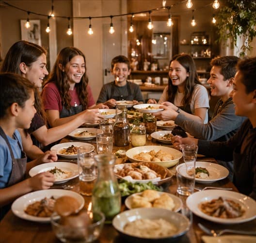 Kids laughing together around a dinner table