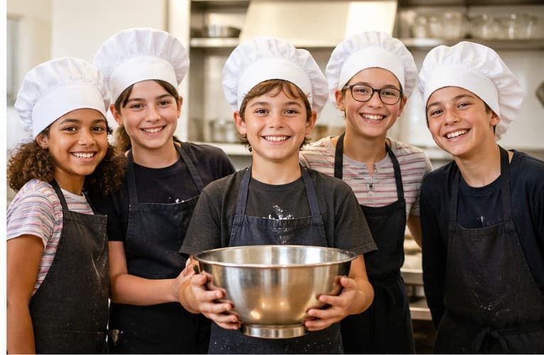 Kids in chef hats smiling together in the kitchen