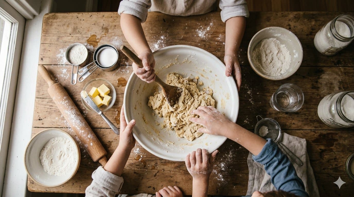 Kids mixing biscuit dough together