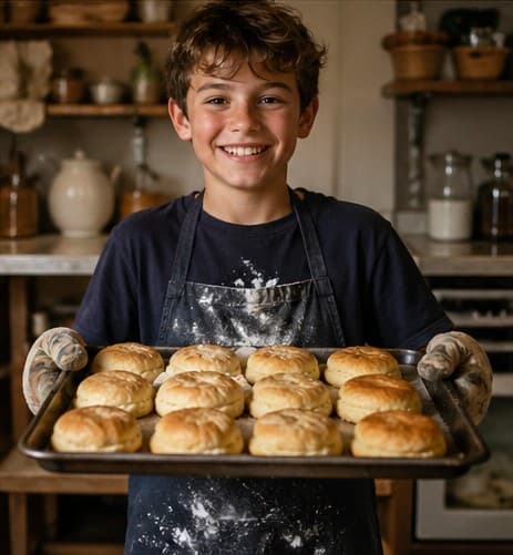 Kid proudly holding a tray of fresh biscuits