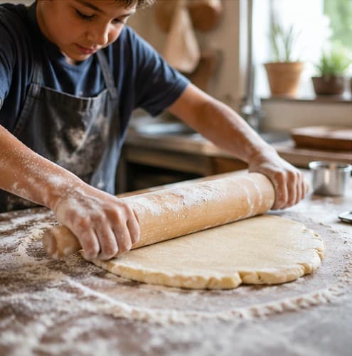 Kid rolling out dough